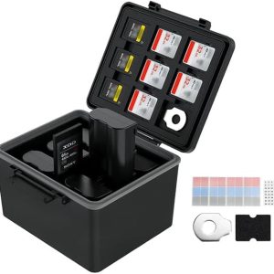 LP-E6 EN-EL15C NP-W235 FZ100 Camera Battery and Memory Card Case with Labels,DSLR SLR Battery Organizer Storage for 16 Micro SD 6 SD 3 CF Express Type A and 2 XQD/CF Cards,Water-Resistant & Shockproof